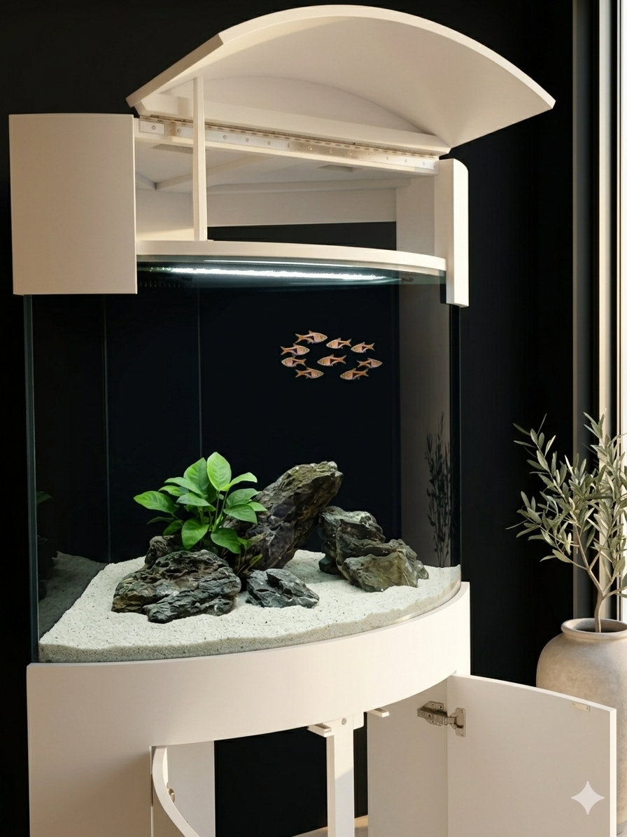 90g Corner 1/4 Cylinder Reef-Ready Aquarium Set in Arctic White Flush Wood Furniture 90g Corner 1/4 Cylinder Reef-Ready Aquarium Set in Arctic White Flush Wood Furniture