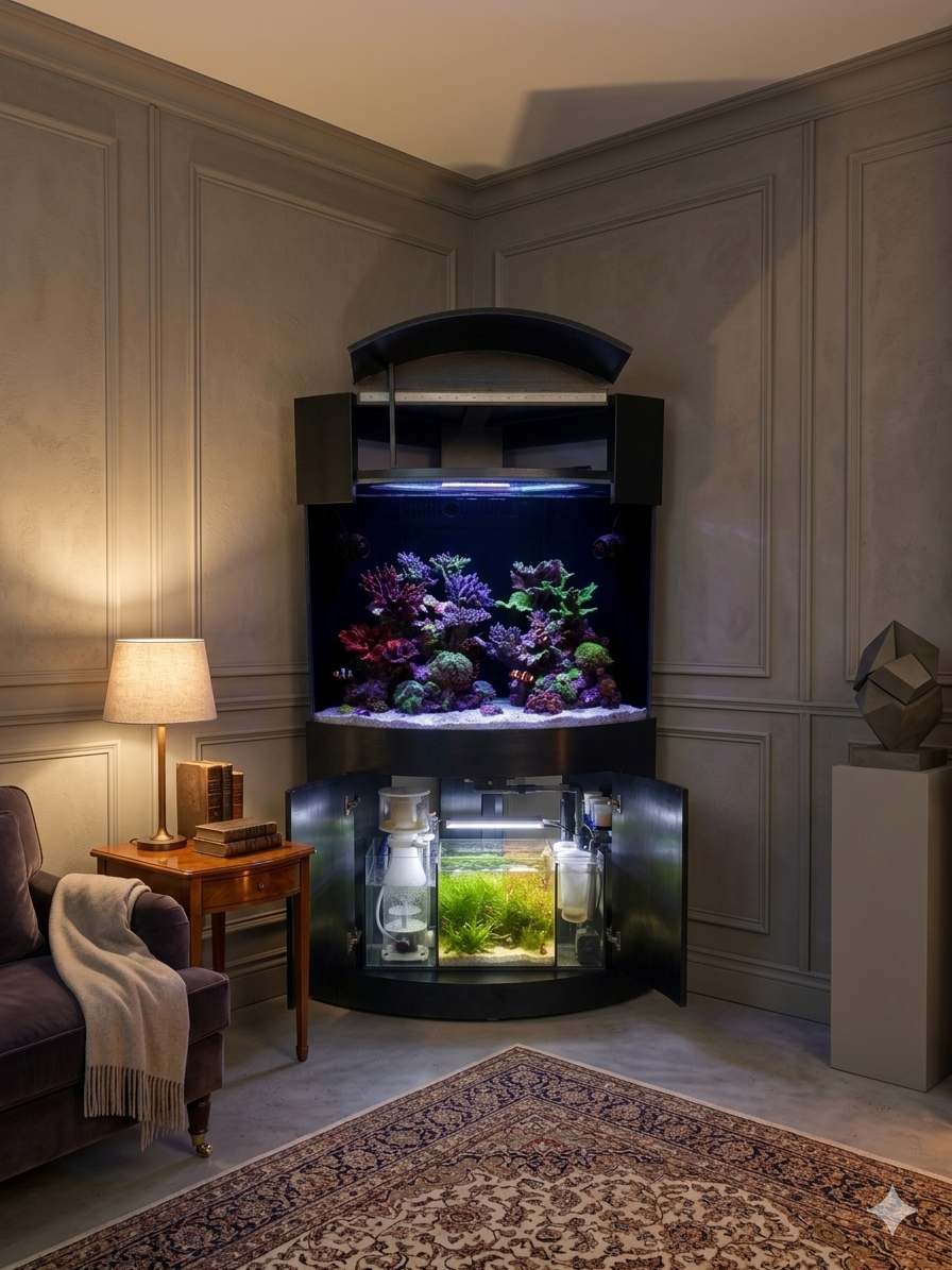 Abyss Black 90g Corner 1/4 Cylinder Glass Aquarium Set in Flush Wood Furniture