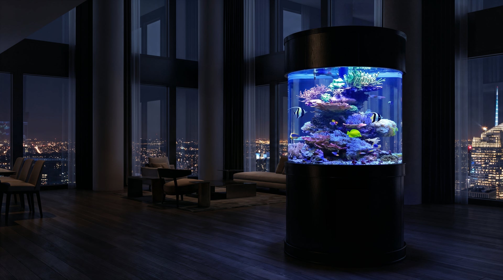 Tall cylindrical aquarium with colorful fish in a dark room with cityscape view